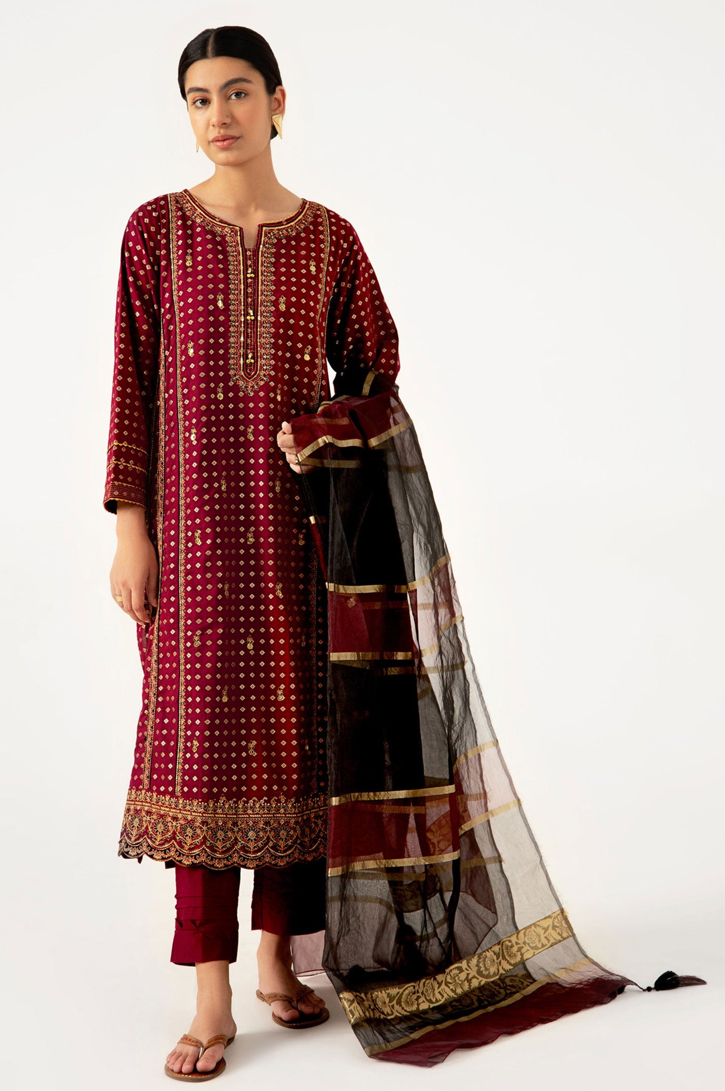 Stitched 3 Piece Maysuri Jacquard with Shaded Organza Suit