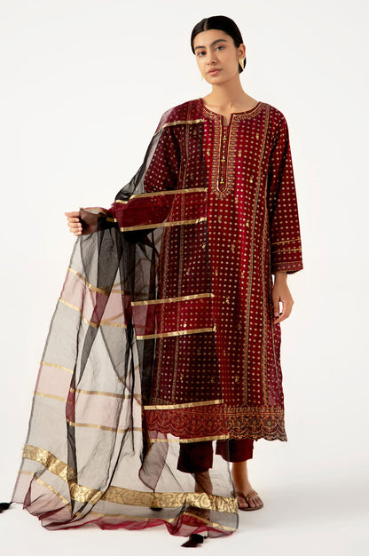 Stitched 3 Piece Maysuri Jacquard with Shaded Organza Suit