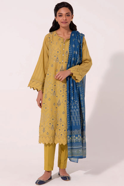 Stitched 3 Piece Embroidered Cambric with Printed Voile Slub Suit