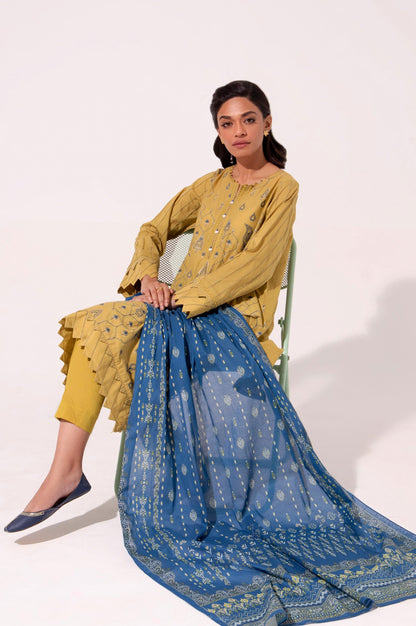 Stitched 3 Piece Embroidered Cambric with Printed Voile Slub Suit