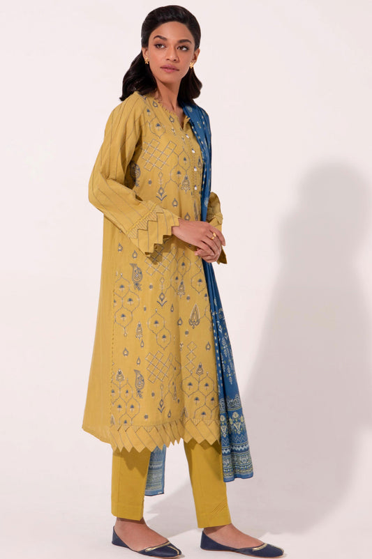 Stitched 3 Piece Embroidered Cambric with Printed Voile Slub Suit