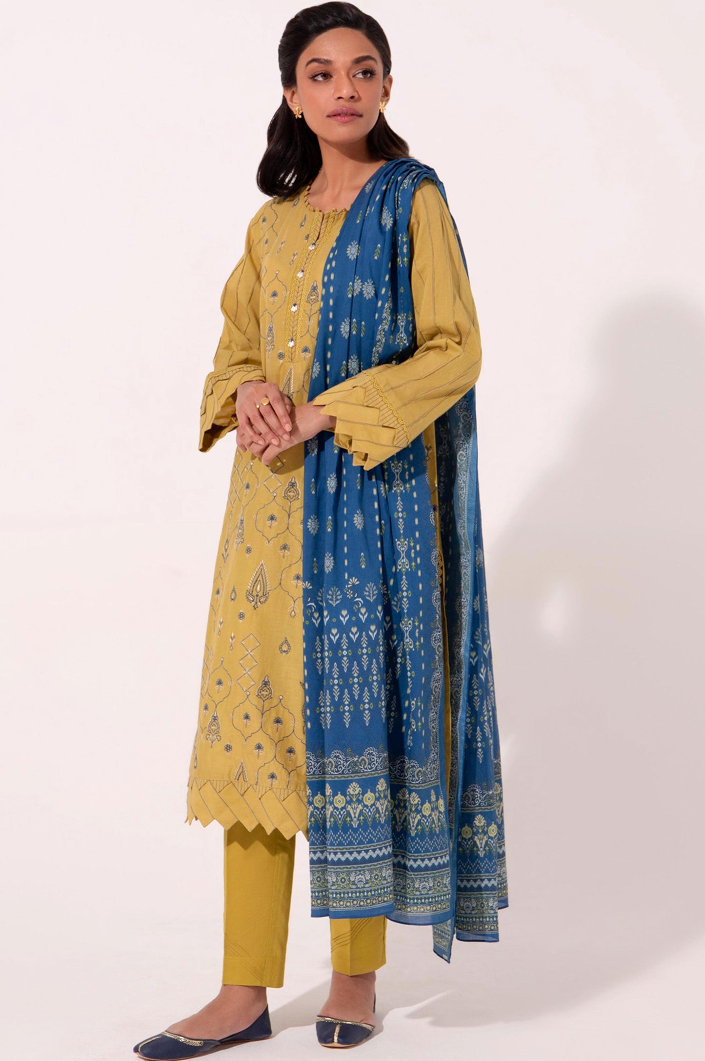 Stitched 3 Piece Embroidered Cambric with Printed Voile Slub Suit