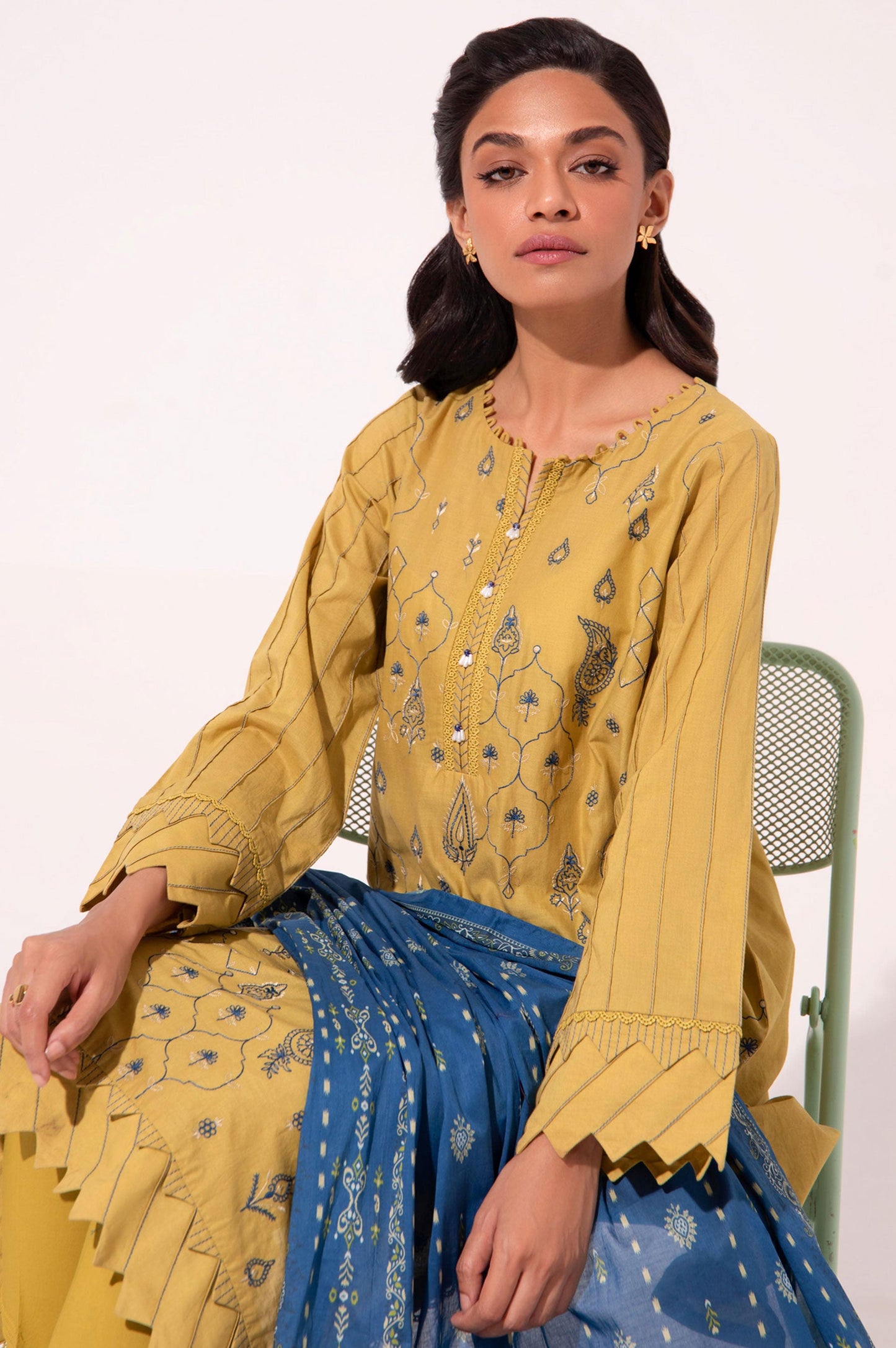 Stitched 3 Piece Embroidered Cambric with Printed Voile Slub Suit