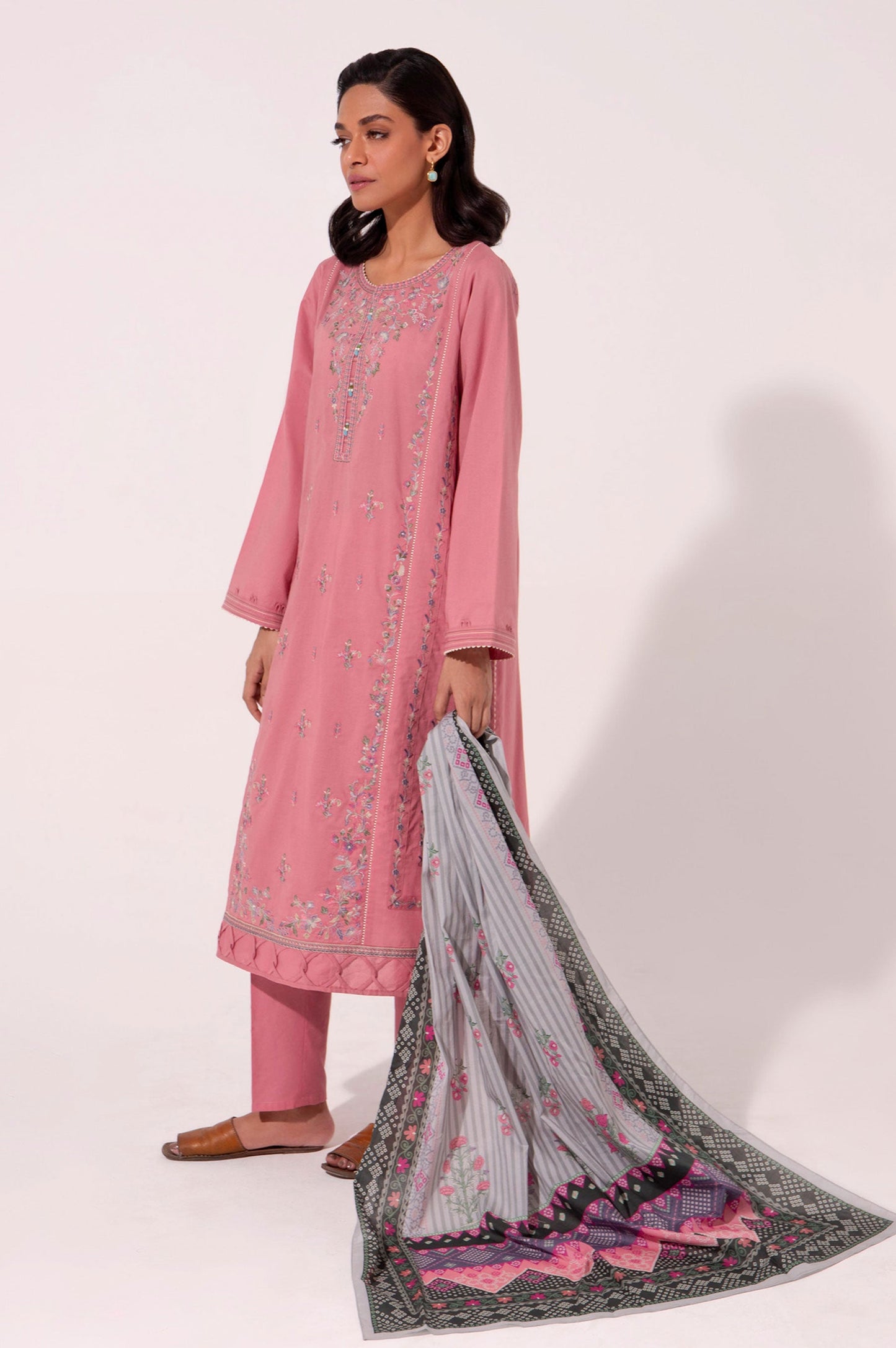 Stitched 3 Piece Embroidered Cambric Shirt with Voile Slub Dupatta