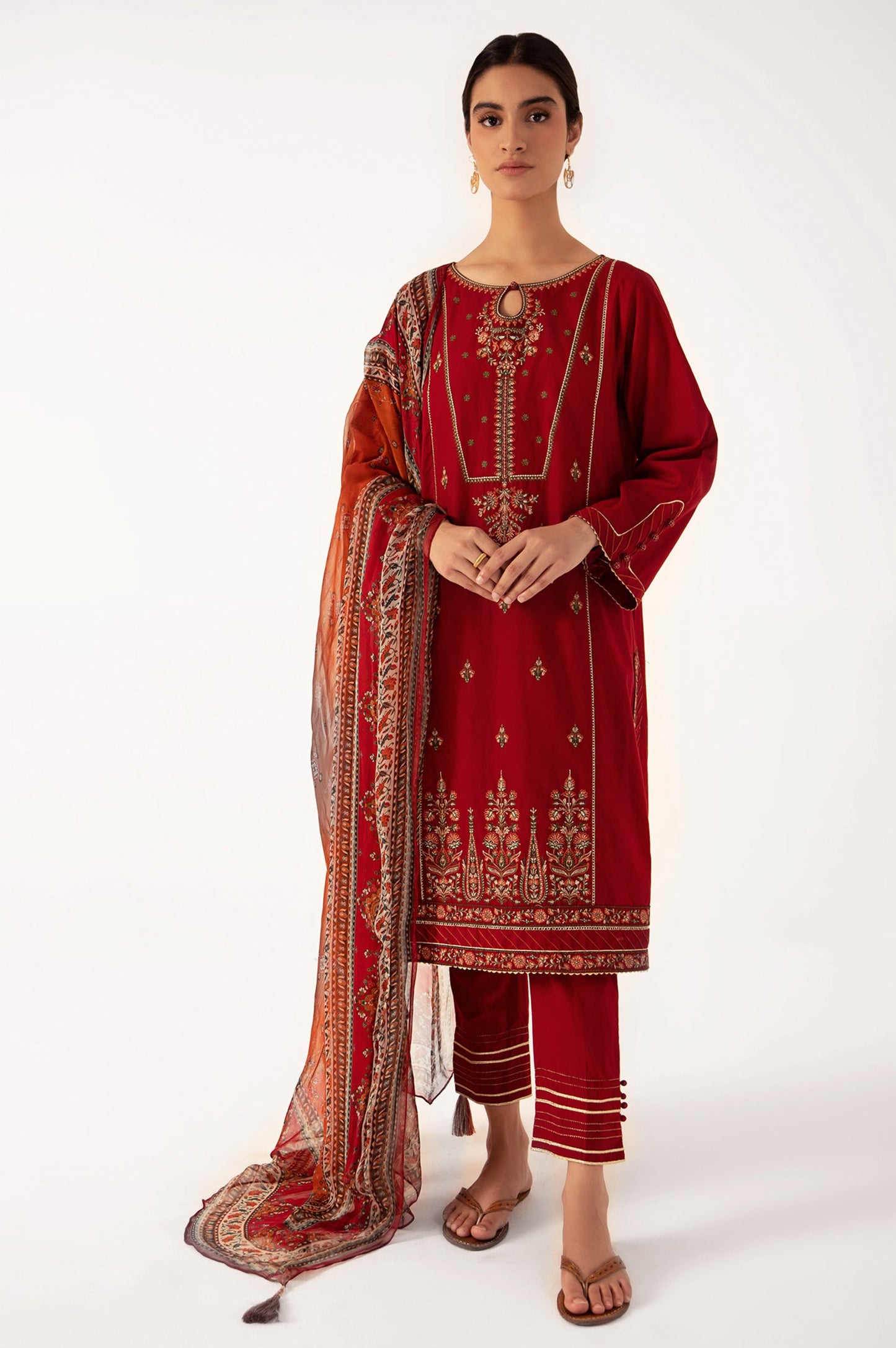 Stitched 3 Piece Embroidered Cambric Shirt with Chiffon Dupatta