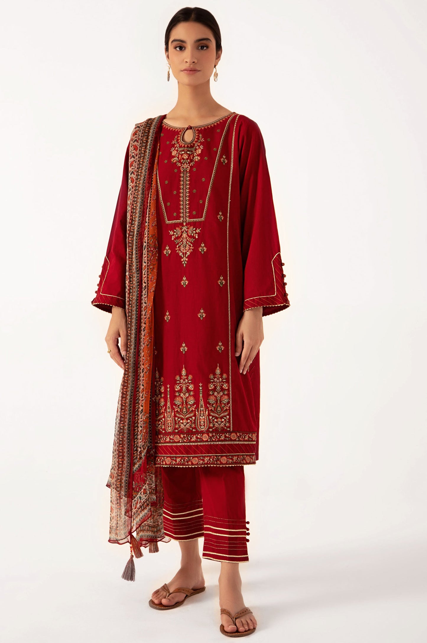 Stitched 3 Piece Embroidered Cambric Shirt with Chiffon Dupatta
