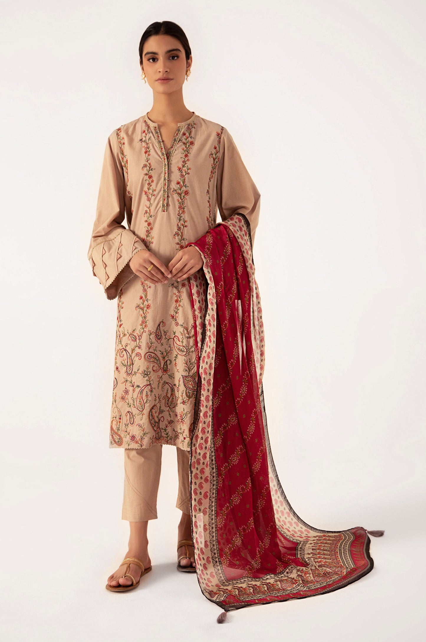 Stitched 3 Piece Embroidered shirt with Tissue Silk Dupatta