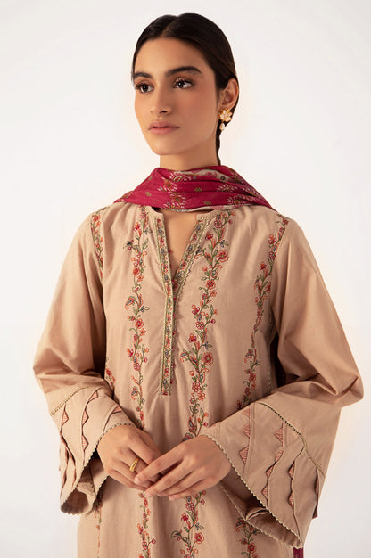 Stitched 3 Piece Embroidered shirt with Tissue Silk Dupatta