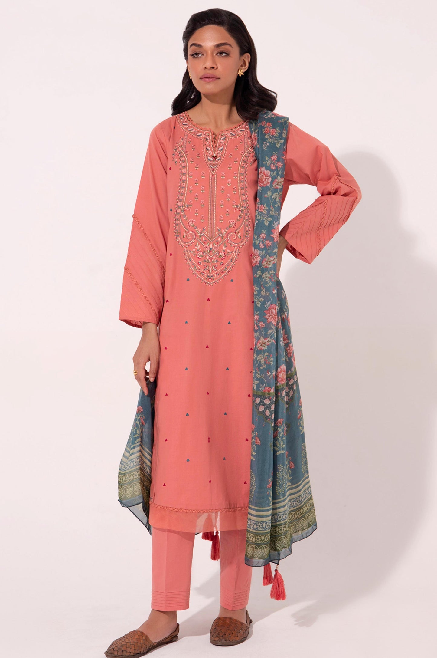 Stitched 3 Piece Embroidered Cambric Shirt with Printed Tissue Silk Dupatta