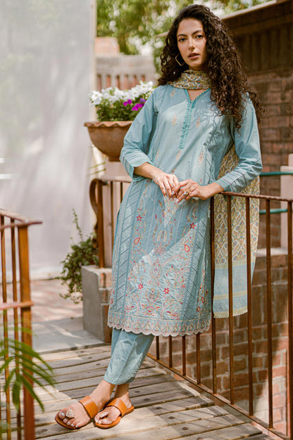 Stitched 3 Piece Embroidered shirt with Tissue Silk Dupatta