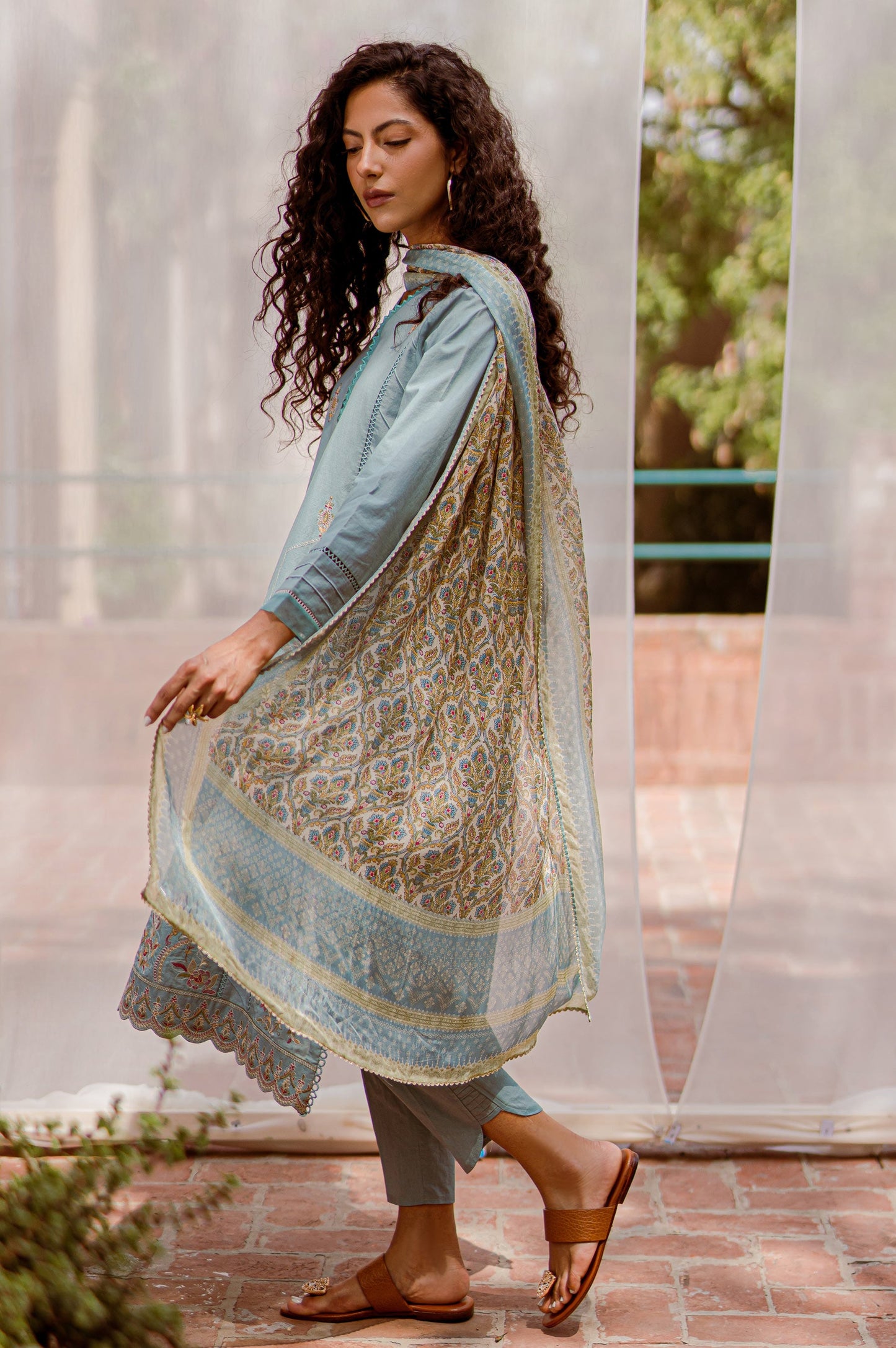 Stitched 3 Piece Embroidered shirt with Tissue Silk Dupatta
