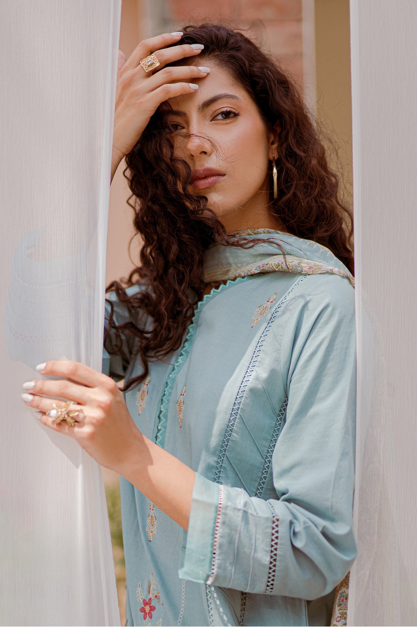 Stitched 3 Piece Embroidered shirt with Tissue Silk Dupatta