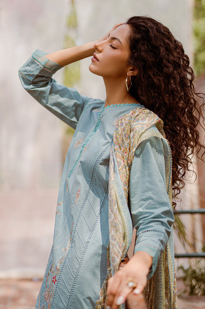 Stitched 3 Piece Embroidered shirt with Tissue Silk Dupatta