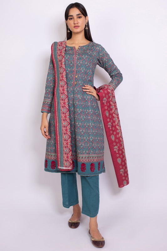 Stitched 3 Piece Embroidered Khaddar Suit