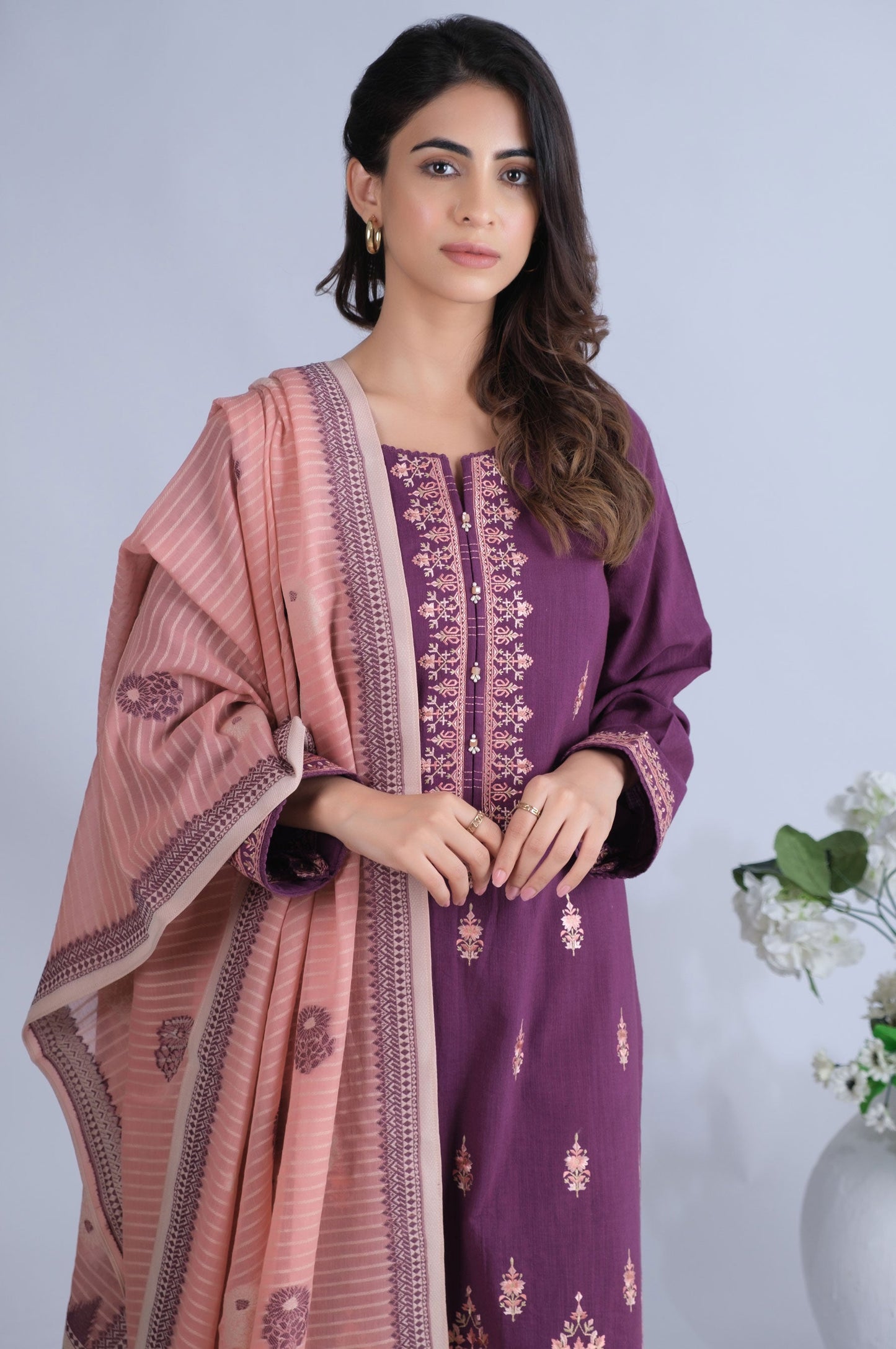 Stitched 3 Piece Embroidered Textured Slub Lawn