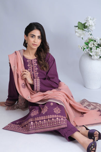 Stitched 3 Piece Embroidered Textured Slub Lawn