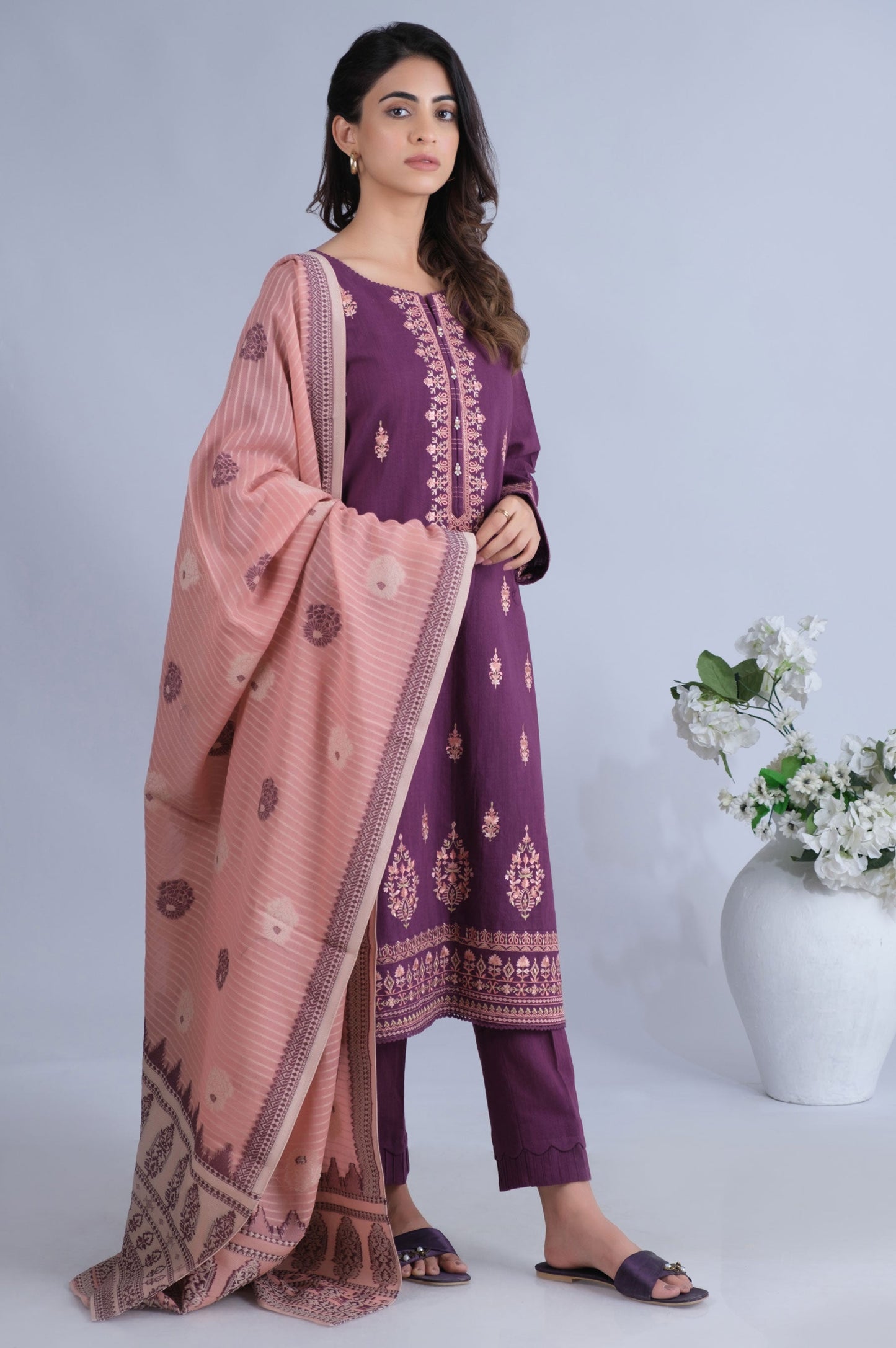 Stitched 3 Piece Embroidered Textured Slub Lawn