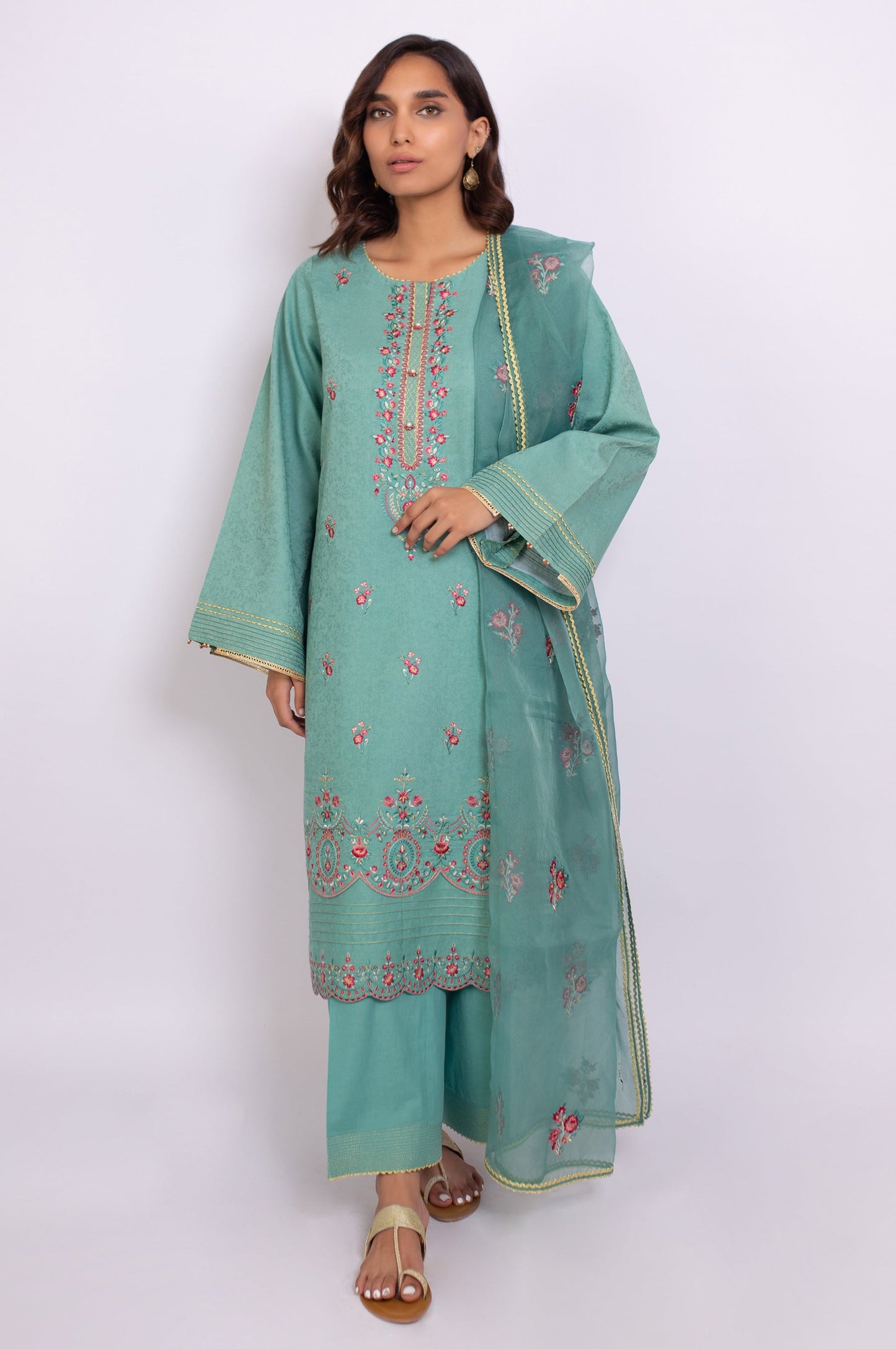 Stitched 3 Piece Embroidered Satin Jacquard Suit