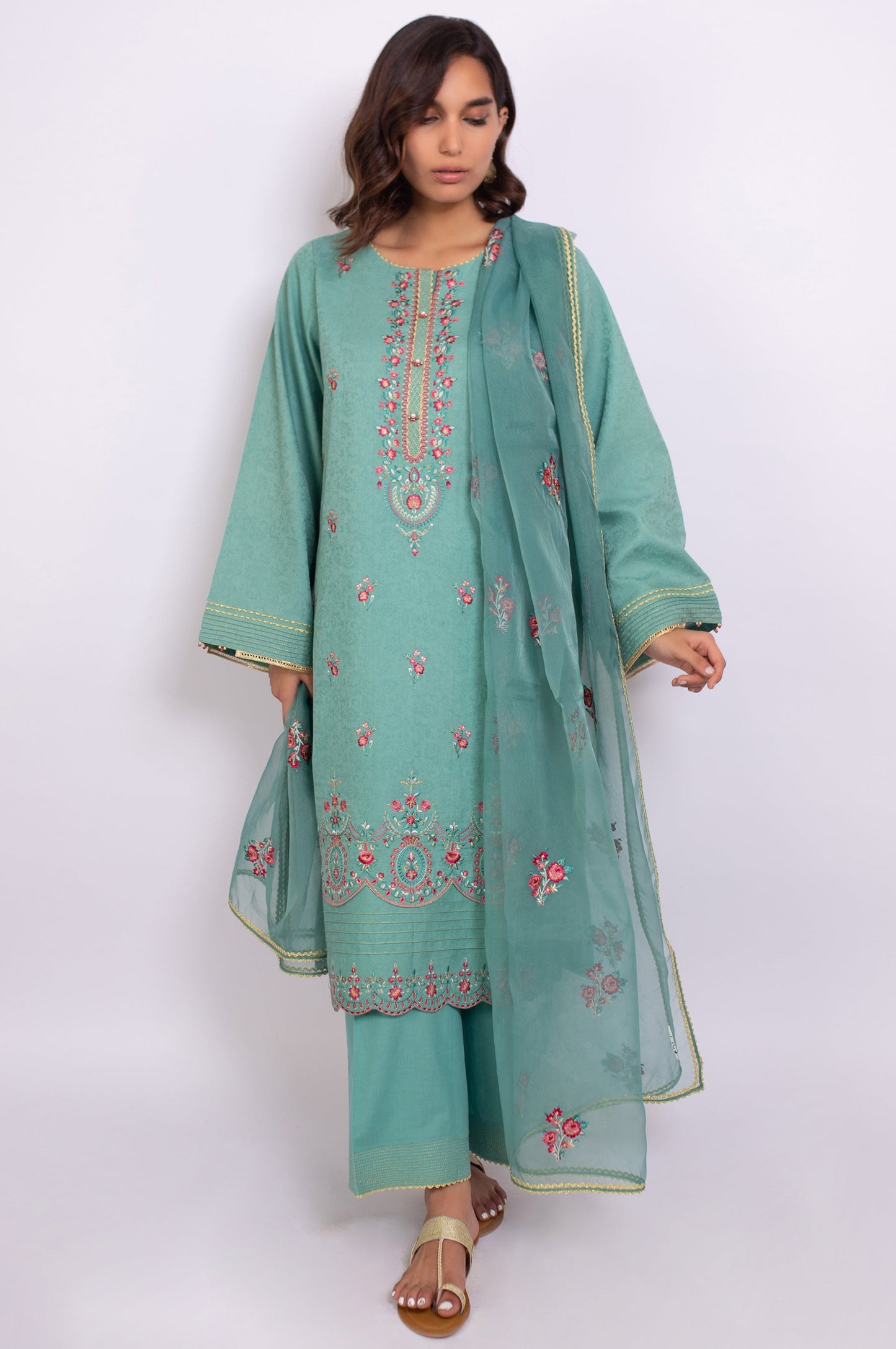 Stitched 3 Piece Embroidered Satin Jacquard Suit