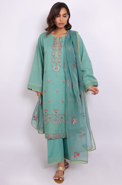 Stitched 3 Piece Embroidered Satin Jacquard Suit
