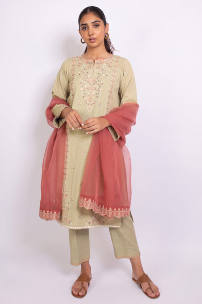 Stitched 3 Piece Embroidered Satin Jacquard Suit