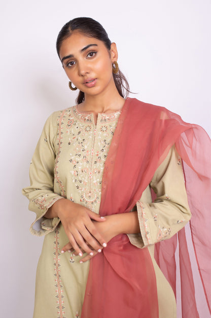 Stitched 3 Piece Embroidered Satin Jacquard Suit