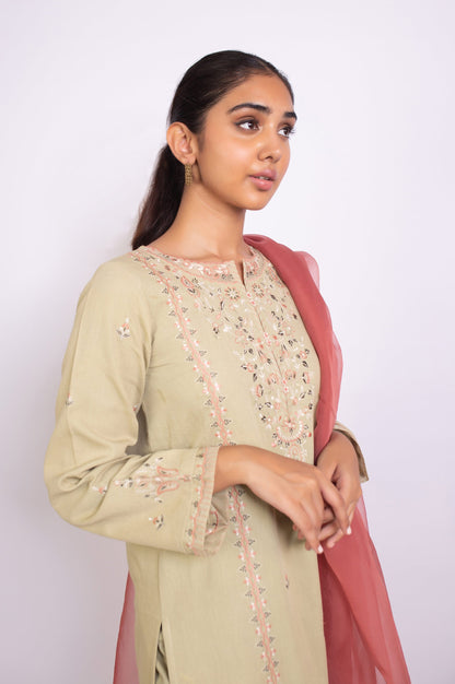 Stitched 3 Piece Embroidered Satin Jacquard Suit