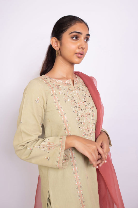 Stitched 3 Piece Embroidered Satin Jacquard Suit