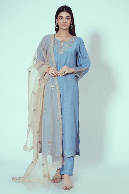 Stitched 3 Piece Embroidered Rawsilk Suit