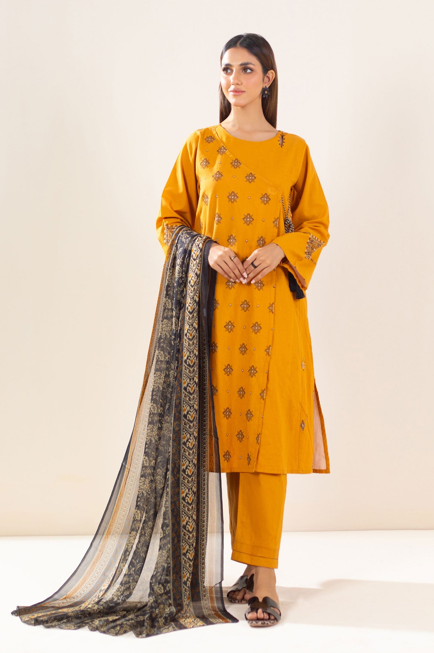 Stitched 3 Piece Embroidered Lawn Textured Slub Suit