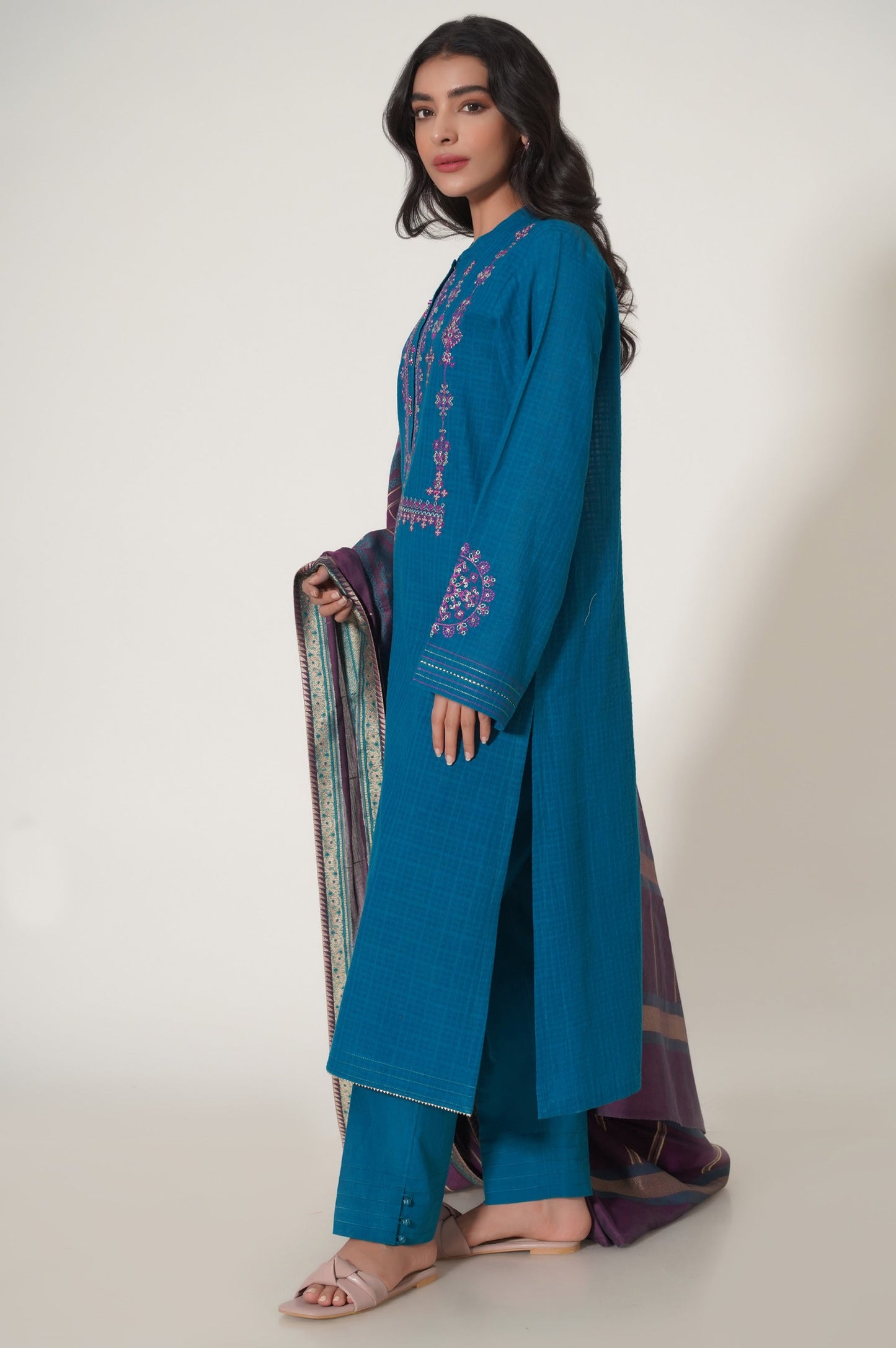 Stitched 3 Piece Embroidered Textured Slub Suit