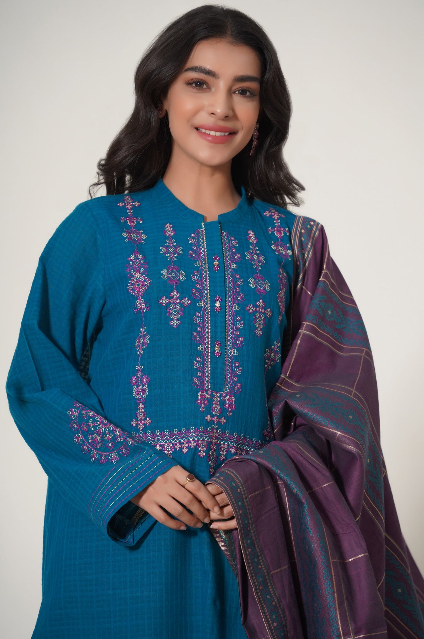 Stitched 3 Piece Embroidered Textured Slub Suit