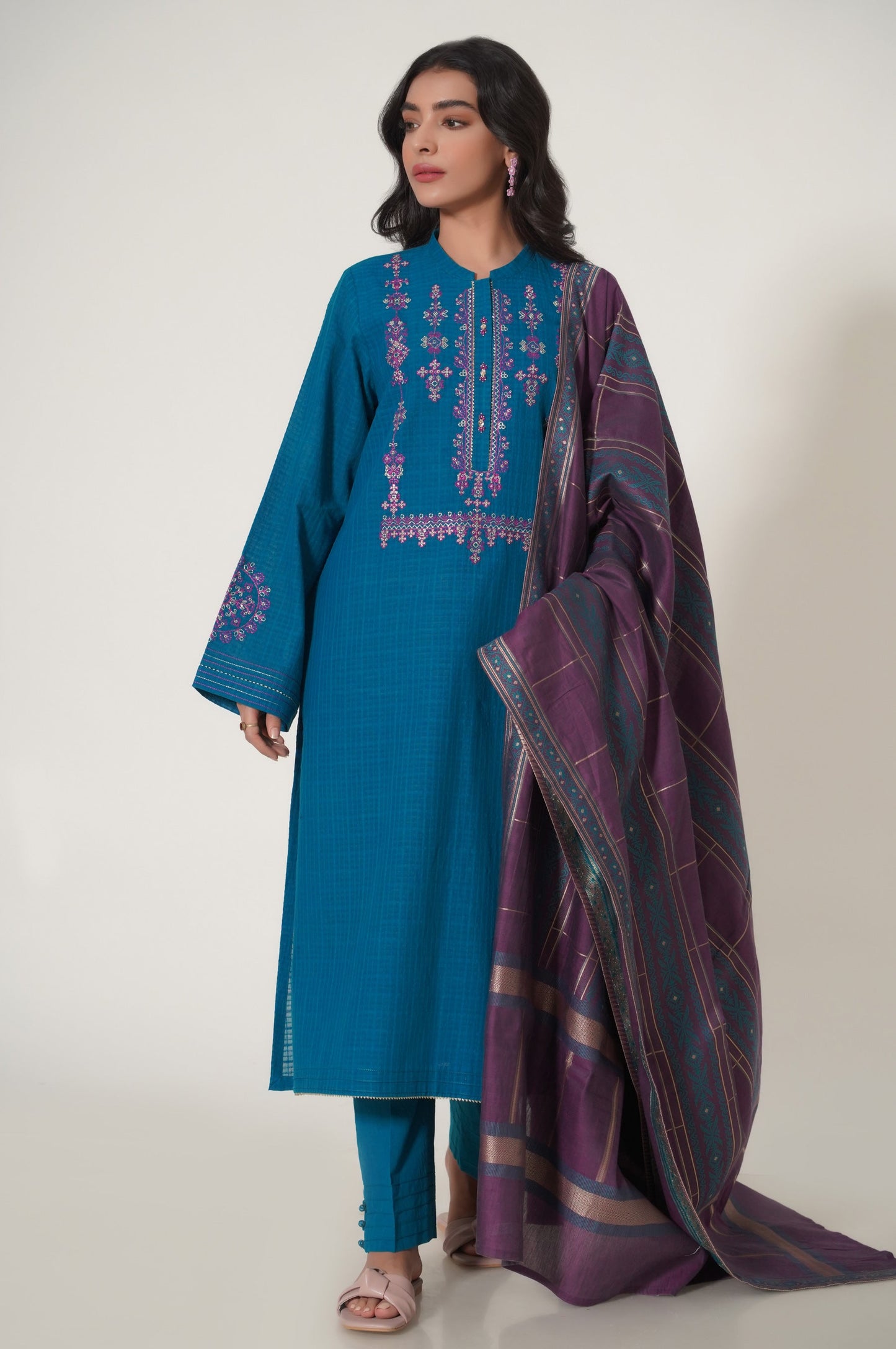 Stitched 3 Piece Embroidered Textured Slub Suit