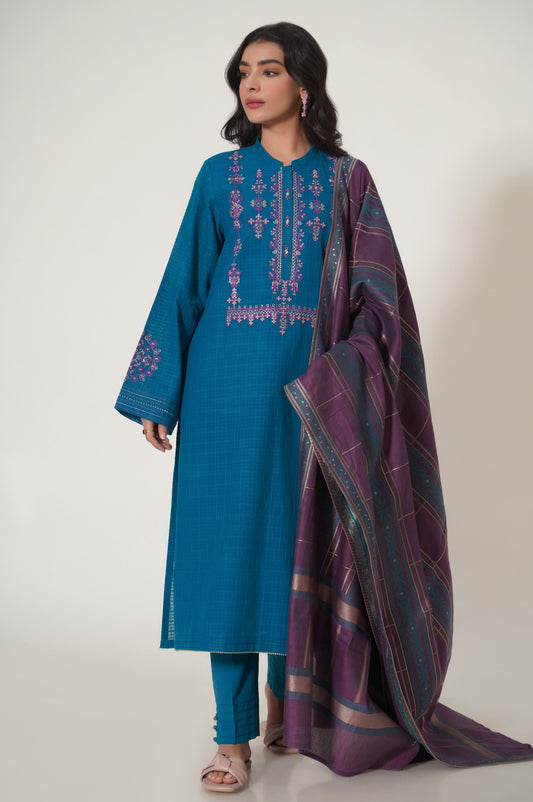 Stitched 3 Piece Embroidered Textured Slub Suit