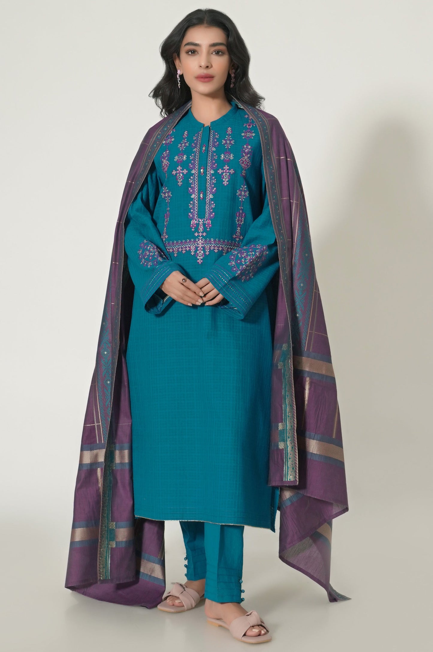 Stitched 3 Piece Embroidered Textured Slub Suit