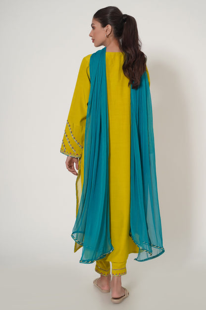 Stitched 3 Piece Embroidered Raw Silk