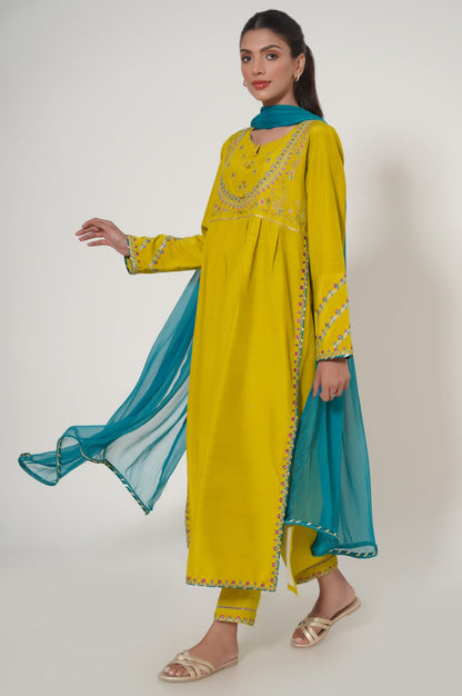 Stitched 3 Piece Embroidered Raw Silk