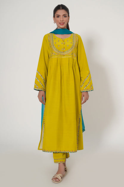 Stitched 3 Piece Embroidered Raw Silk