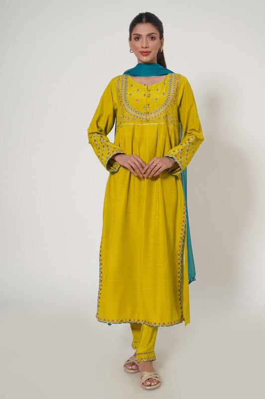 Stitched 3 Piece Embroidered Raw Silk