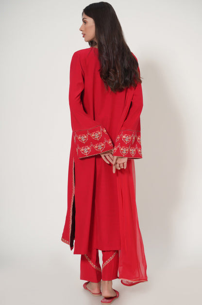 Stitched 3 Piece Embroidered Raw Silk Suit