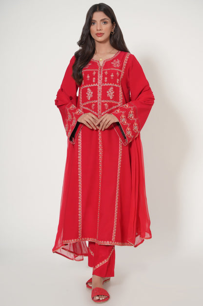 Stitched 3 Piece Embroidered Raw Silk Suit