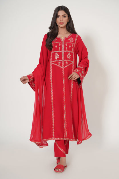 Stitched 3 Piece Embroidered Raw Silk Suit