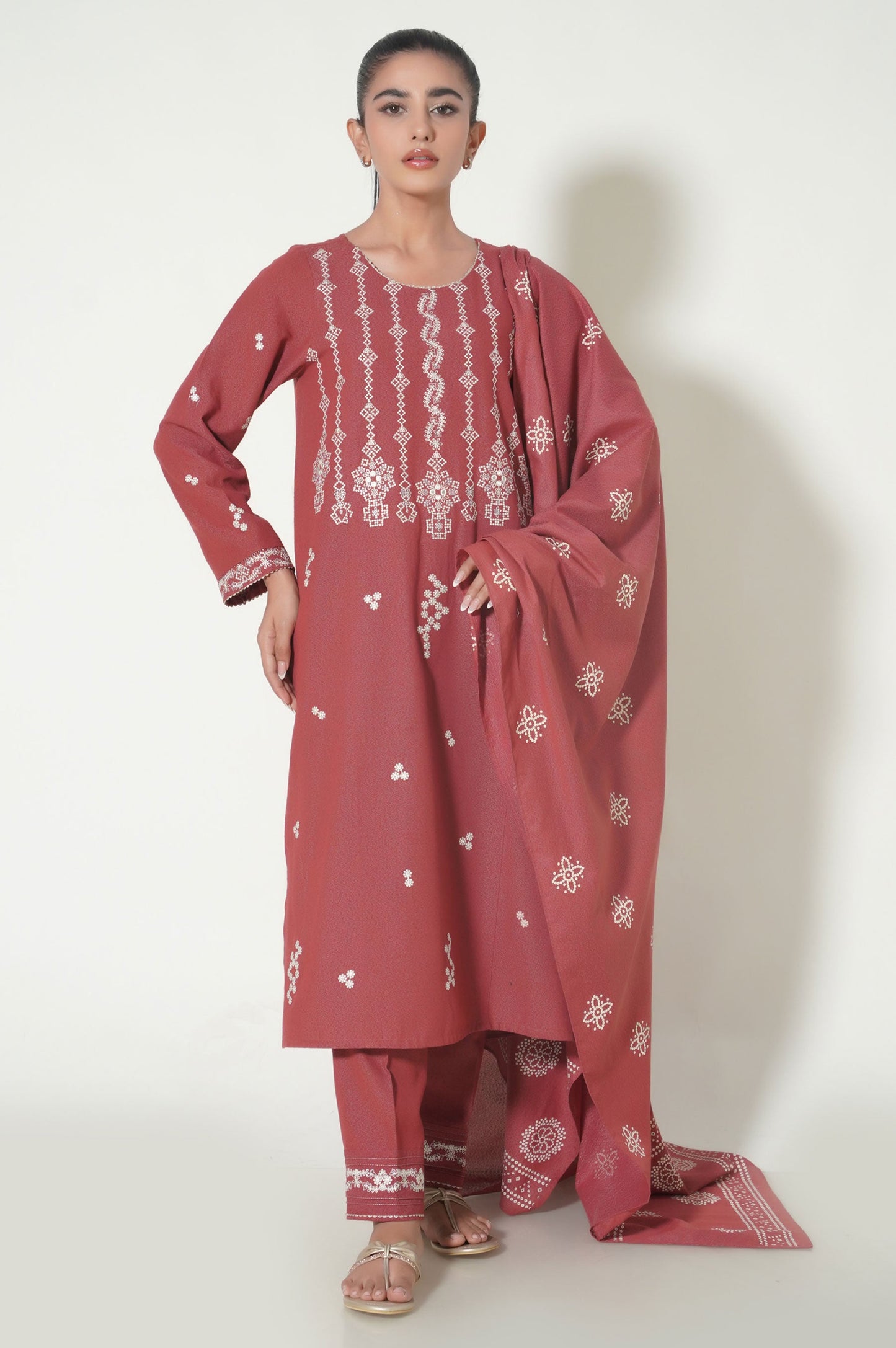 Stitched 3 Piece Printed Karandi Suit