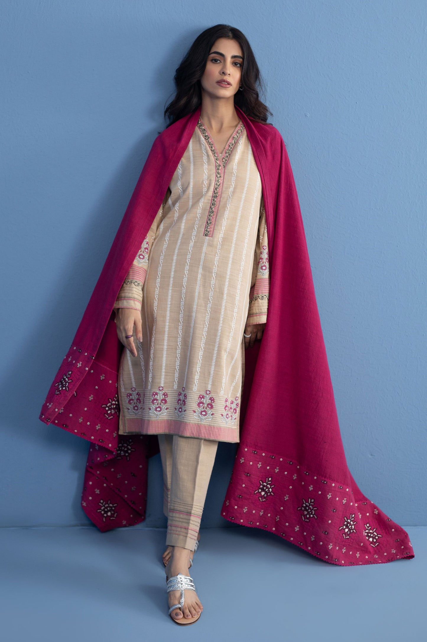 Stitched 3 Piece Paste Printed Khaddar Suit