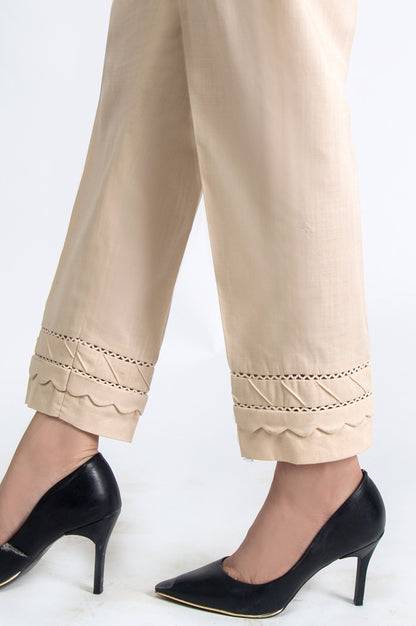 Embroidered Cotton Slub Pants - Beige