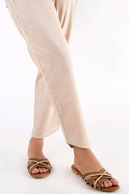 Embellished Cotton Slub Pants - Beige