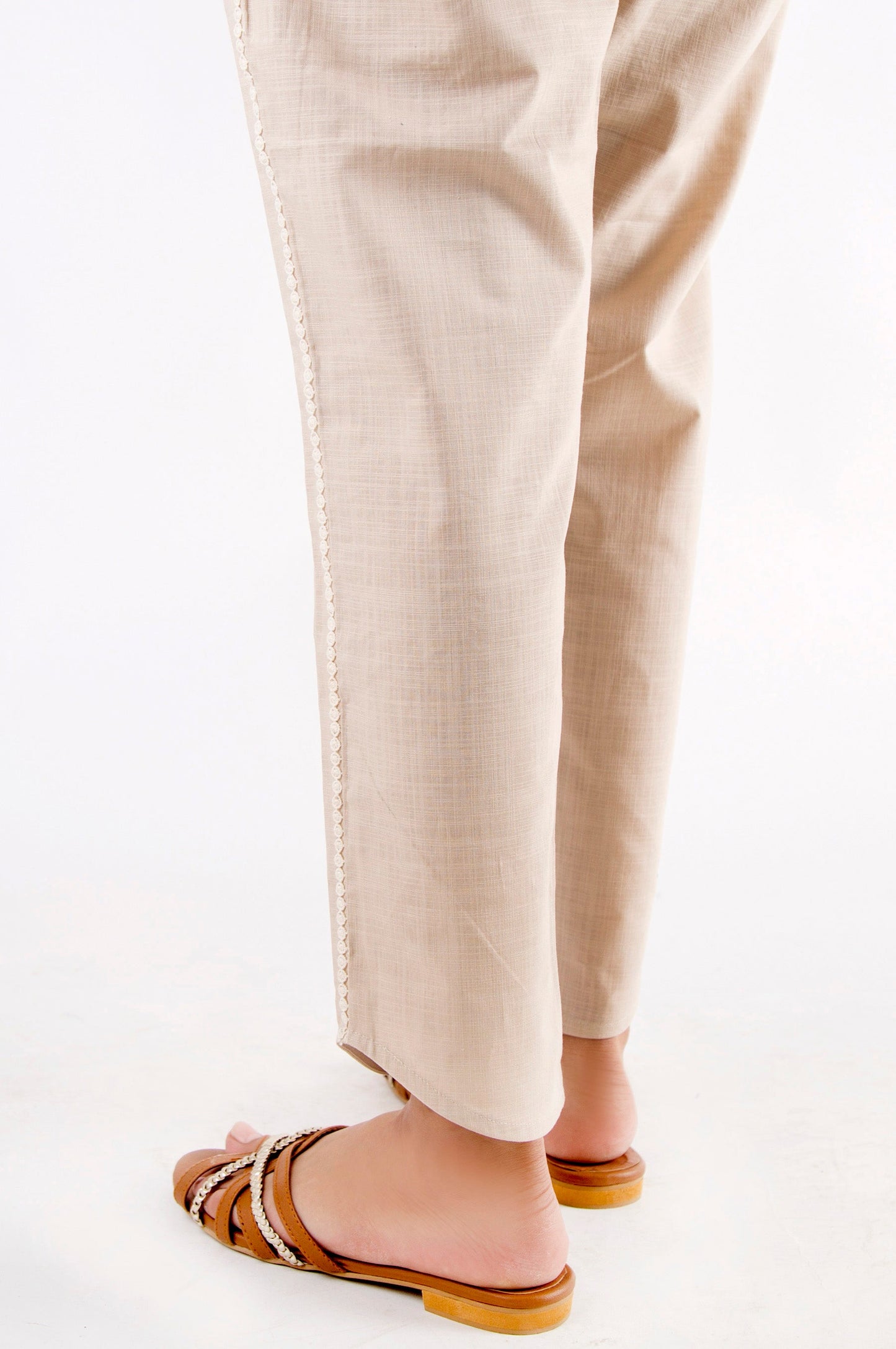 Embellished Cotton Slub Pants - Beige