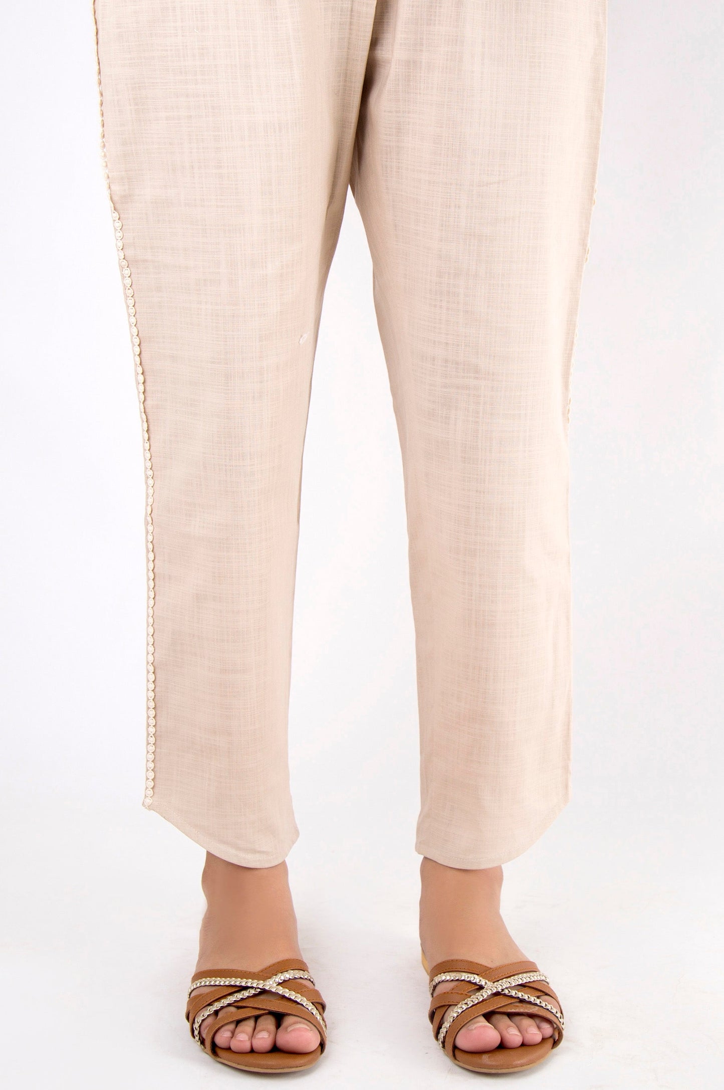 Embellished Cotton Slub Pants - Beige