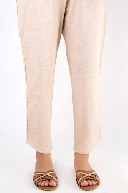 Embellished Cotton Slub Pants - Beige