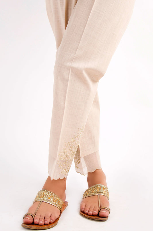 Cotton Slub Embroidered Cigarette Pants - Beige